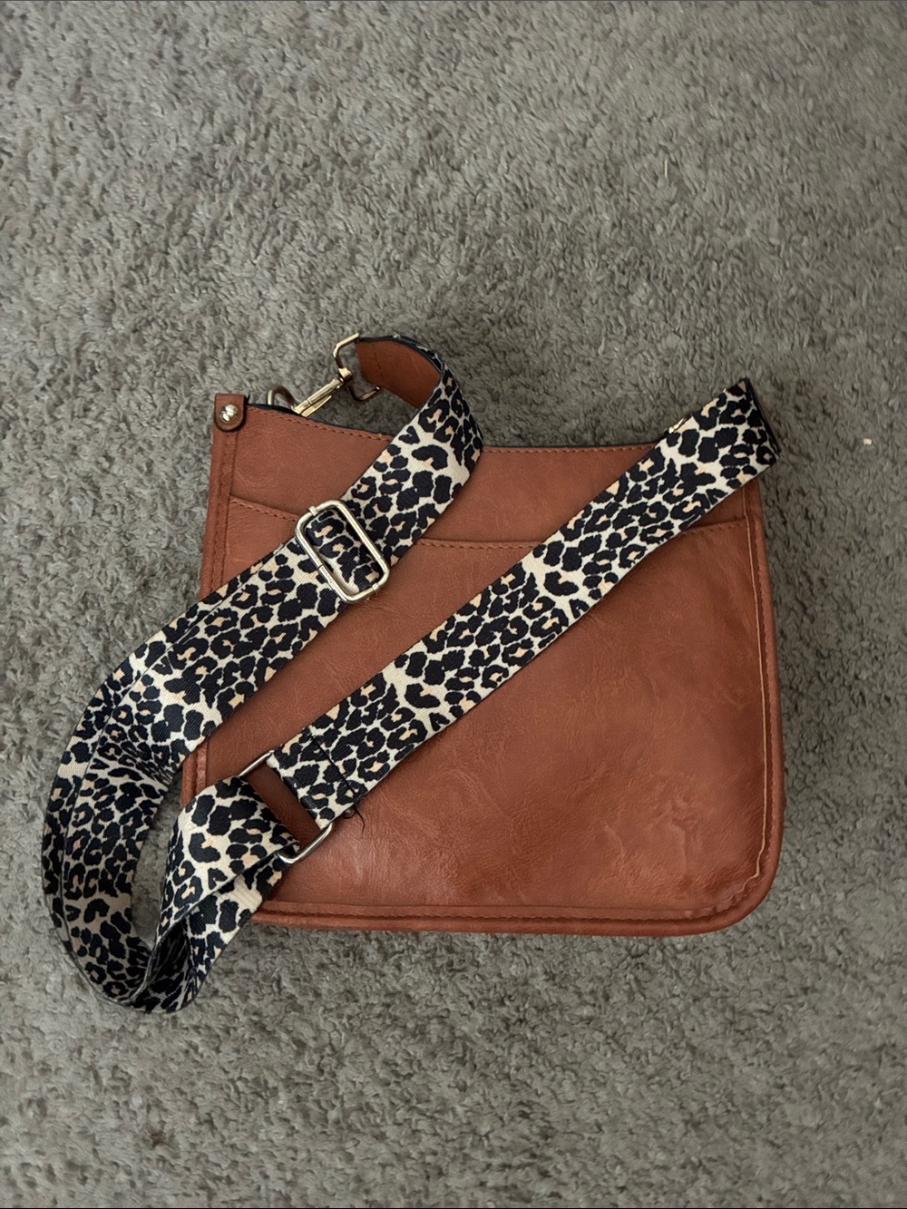 Leather Crossbody Bag with Leopard Print Strap - Brown
